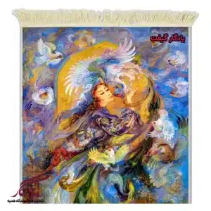 تابلو فرش ماشینی طرح مینیاتور بوسه سیمرغ2 کد mi97-1