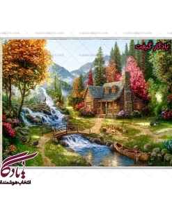 تابلو فرش ماشینی طرح منظره کلبه ای در کوهستان کد m117 - یادگار گیفت