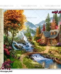 تابلو فرش ماشینی طرح منظره کلبه ای در کوهستان کد m117 - یادگار گیفت