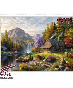 تابلو فرش ماشینی طرح منظره کلبه و رود2 کد m118 - یادگار گیفت