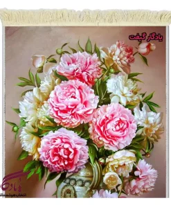 تابلو فرش ماشینی طرح گل صدتومانی و گلدان برنز کد g128-1