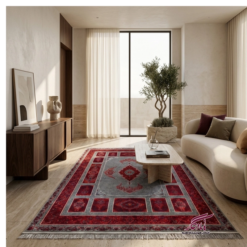 فرش طرح کتیبه دودی لاکی مسی ۱۲۰۰ شانه گل برجسته (کلکسیون آوانگارد) - یادگار گیفت