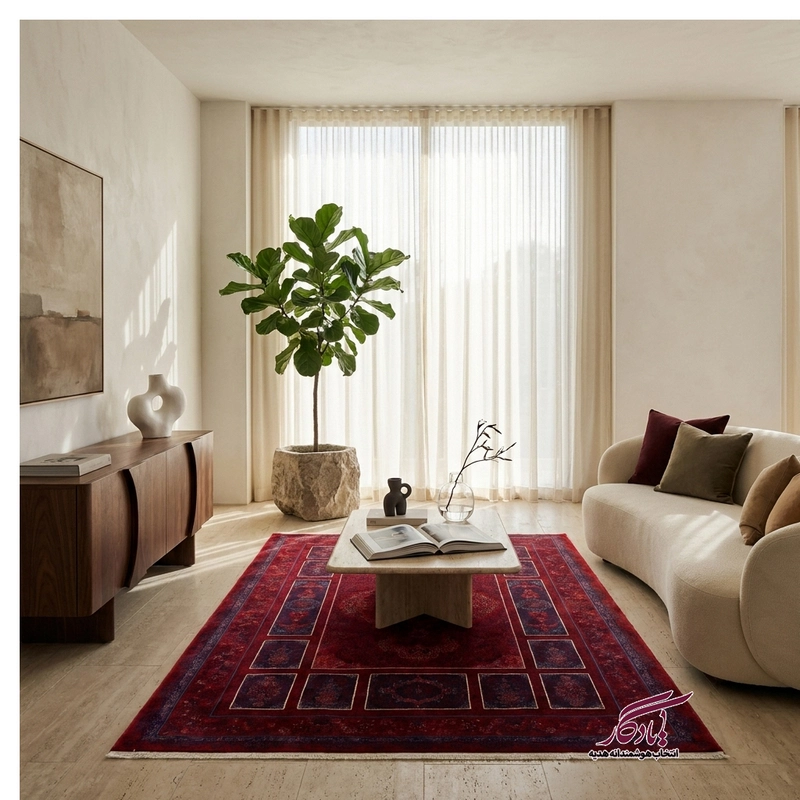 فرش طرح کتیبه لاکی و سبز ۱۲۰۰ شانه گل برجسته (کلکسیون آوانگارد) - یادگار گیفت