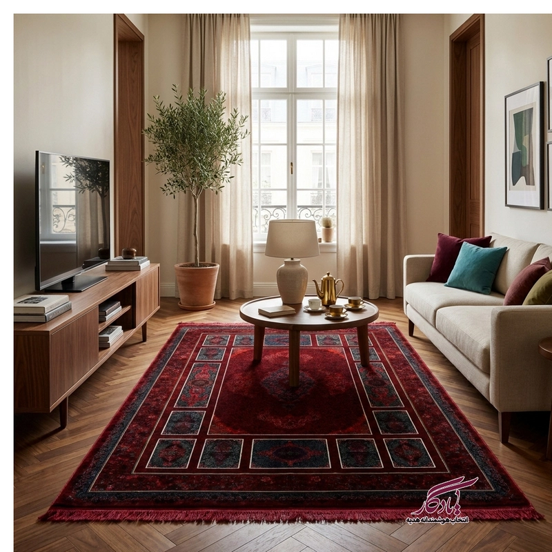 فرش طرح کتیبه لاکی و سبز ۱۲۰۰ شانه گل برجسته (کلکسیون آوانگارد) - یادگار گیفت
